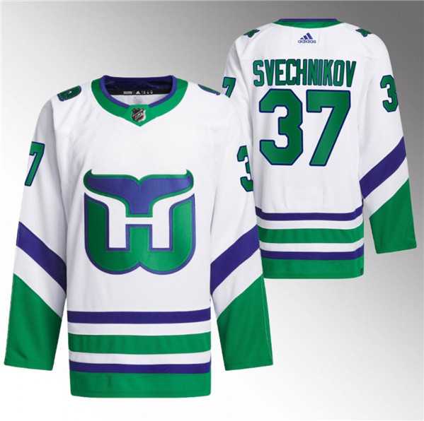 Mens Carolina Hurricanes #37 Andrei Svechnikov White 2023-24 Stitched Jersey Dzhi